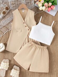 SHEIN Girls Back To School Summer Casual Elegant Pleated Knit Set Blazer Formal Apricot Matching - Khaki - View 5