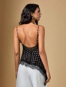Briarwyn Summer  Women's Contrast Lace Stain Polka Dot Print Asymmetric Hem Fashion Camisole,Valentine Outfits For Women ,Polka Dot Top - Multicolor - View 2