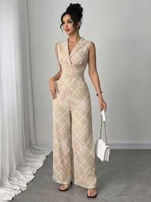 Elenzga 女士夏季几何印花腰部交叉设计无袖阔腿休闲连体裤 - 杏色 - 查看 5