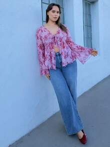 Nezia Cruz Plus Size Women Floral Print Knitted Mesh Cardigan With Cinched Waist And Bell Sleeve, Vacation Wear,Fall&Winter Women Clothes,Thanksgiving Women Clothes,Christmas Women Clothes,Holiday Shirts,New Year Eve  Clothes - Red - View 4