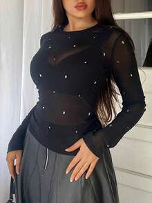 Livesso Women's Rhinestone Shiny Black Camisole, Basic Slim Fit Top, Suitable For Autumn, Winter, Spring, Summer, New Year, Christmas, Fashion Party, Thin Mesh - Black - View 6