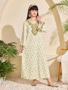SHEIN Tween Girl Beige Delicate Ditsy Floral Dignified Dress - Beige - View 3