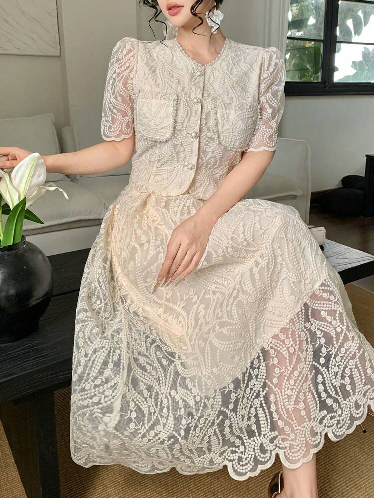 2pcs/Set Women's Elegant French Lace Ruched Waist Slim Fit Maxi Dress,Wedding Guest Dress Women