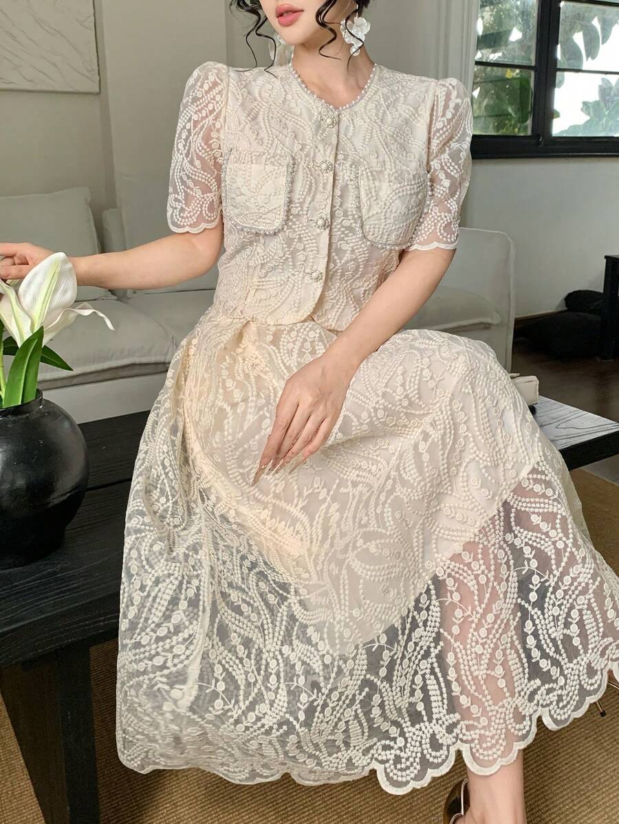 DAZY 2pcs/Set Women's Elegant French Lace Ruched Waist Slim Fit Maxi Dress - Apricot - View 1