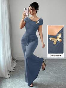 Modelyn Metallic Buckle Decor Ruched Fitted Elegant Long Dress For Women - Baby Blue - View 3