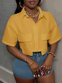 Slaydiva Áo croptop cổ polo trắng có túi, áo sơ mi tay ngắn có túi tiện dụng cho nữ, áo kiểu màu vàng, áo công sở cho nữ, áo croptop cho nữ. - Màu vàng - Xem 6