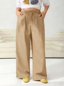 Solflare Plus Size Women's Khaki Drawstring Waist Pants,Solid Color Smart Casual Trousers For Autumn,Vacation,Party,Wedding,Chic Elegant Commute - Apricot - View 4