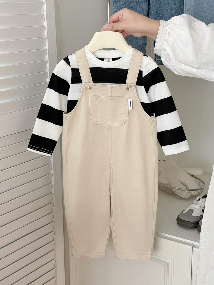 SHEIN Pantalon salopette en jean multi-poches avec design délavé polyvalent pour bébés garçons - Nude - Voir 1