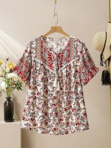 Lacomfia Áo kiểu nữ cỡ lớn họa tiết hoa, thắt nơ, đa năng. - Nhiều màu - Xem 1
