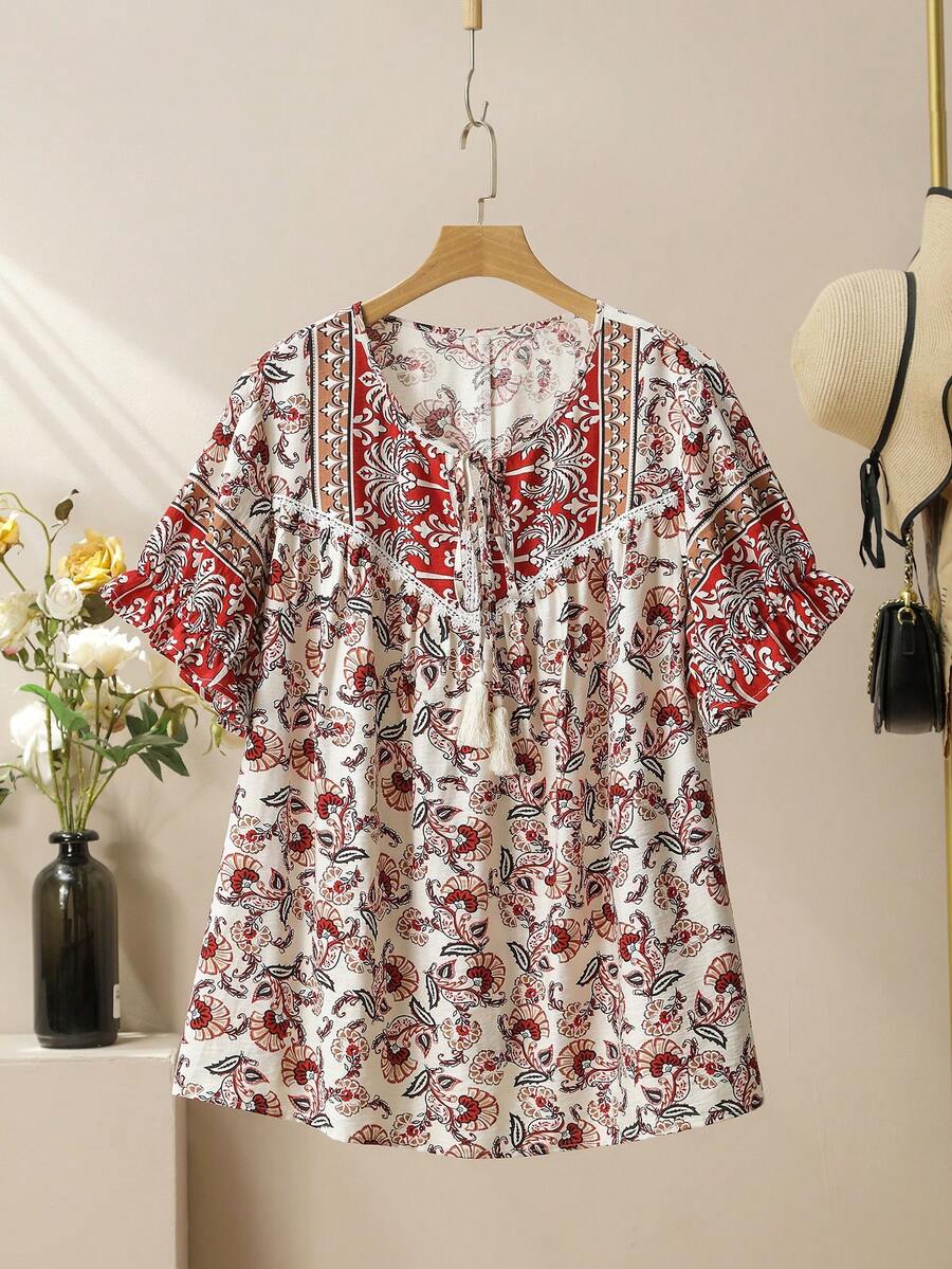 Lacomfia Áo kiểu nữ cỡ lớn họa tiết hoa, thắt nơ, đa năng. - Nhiều màu - Xem 1