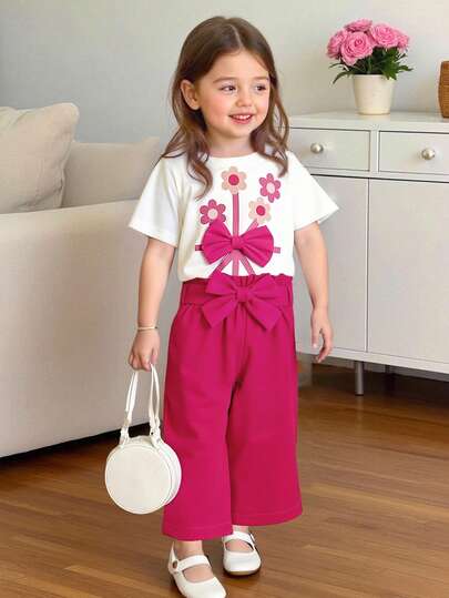 Elladie kids 2pcs Baby Girls Knitted White Short Sleeve Floral Bow T-Shirt Top And Straight Leg Pants With Belt, Cartoon Casual Outfit Toddler Girl Outfits Summer Toddler Pants Suit For Girls Little Girl Pants Sets Toddler Girl Clothes Summer Sets Toddler Girl Pants Outfit Toddler Girl Short Sleeve Set Toddler Girl Bow Outfit Toddler Girl Summer Outfits Toddler Girl Flower Shirt