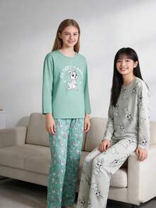 Tween Girls Pajamas-2 Piece Pajama Set Bunny Print Pajama Set Crew Neck Long Sleeve Long Pants TwoPiece Sleepwear Cute Bunny Pattern Mint Grey All Season Cozy Breathable Perfect Bedtime Lounging Holiday Gift 2026 New Year Must Have Kids Pajama Set Cute Pjs For Girls Girls Loungewear Sleep Wear Girls Teen Girls Lounge Wear Pajama Kids Girls - Pink - View 3