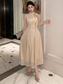 DAZY 女士优雅亮片系领无袖长裙，夏季嘉年华闪亮连衣裙 - 杏色 - 查看 6