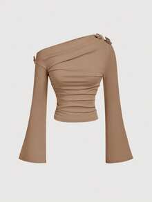 SHEIN MOD Apricot Asymmetric Neckline Ruched Elegant Women Long Sleeve T-Shirt