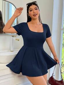 SHEIN EZwear 大码休闲简约方领短袖连体裤，夏季 - 藏蓝色 - 查看 3