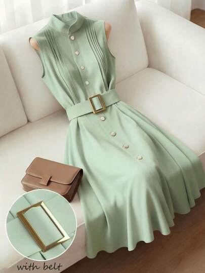 Franclia French-Style, High-End, Elegant Round Neck Sleeveless Dress With A Decorative Belt, Button Closure, And Pleats; Suitable For Women's Beach Wear, Elegant Dresses, Casual Dresses, Sleeveless Dresses, And Spring/Summer Dresses.