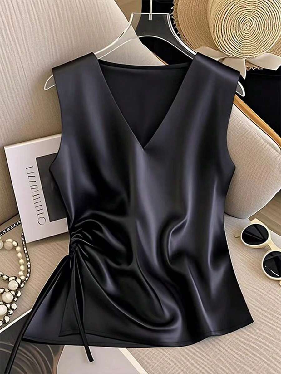 Qadelle Satin Comfortable Drawstring Design Sleeveless Tank Top - Black - View 1