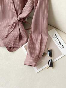 Modelyn Collared Tie-Front Long Sleeve Cinched Waist Striped Casual Shirt For Women - Pink - View 5