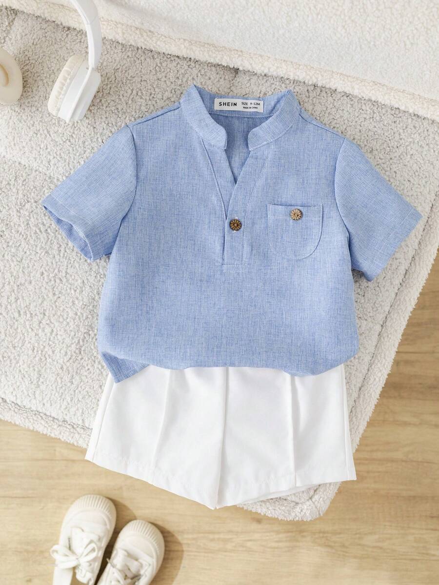 SHEIN 2pcs Baby Boys Casual V-Neck Short Sleeve Shirt And Shorts Set, Suitable For Spring/Summer - Blue - View 1