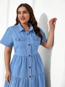 EMERY ROSE Plus Size Solid Color Front Button Ruffle Hem Short Sleeve Denim Dress - Light Wash - View 3