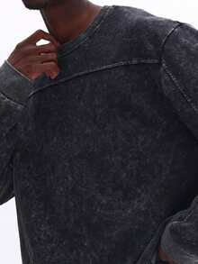 SUMWON 男士炭灰色水洗宽松圆领长袖套头卫衣 复古风棉混纺休闲街头风纯色 - 黑色 - 查看 6