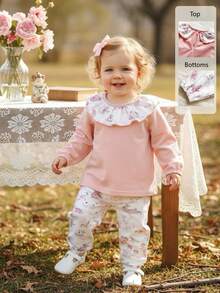 SHEIN Vintaside Kids 2 pièces Ensemble T-shirt à manches longues avec col volant + pantalon à taille élastique pour bébé fille, imprimé lapin et floral, rose et blanc, décontracté et mignon, convient pour les sorties quotidiennes, le port à la maison, les rassemblements dans le jardin de roses, les fêtes, les loisirs vintage en plein air, les tenues élégantes pour Noël, le Nouvel An, la Saint-Valentin