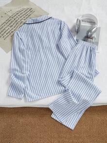 Men's Casual Classic Striped Lapel Button-Front Elastic Waist 2 Pieces Pajama Set Blue  Striped Pajama Set - Blue - View 2