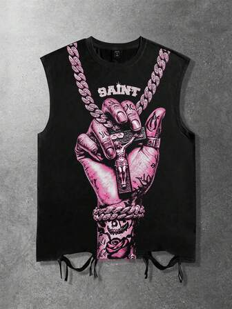 Street Life Débardeur décontracté polyvalent pour hommes avec col rond, imprimé lettres et palmiers, idéal pour le trajet domicile-travail