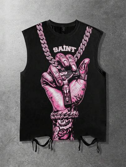 Street Life Herren Rundhals Tank Top mit Buchstaben- und Palmen-Muster, lässig und vielseitig für den Alltag