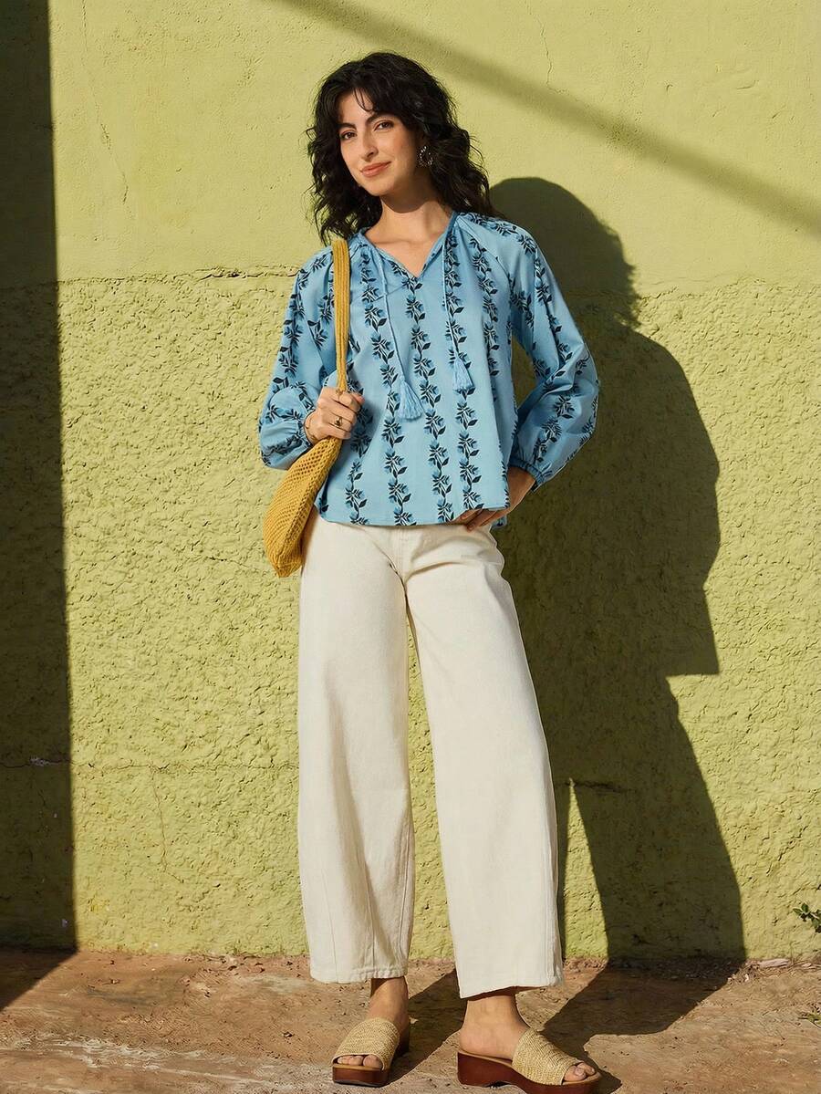 Felipe Marques Women's Floral Print Drawstring Tassel Long Sleeve Loose Top, Casual For Vacation, Party, Beach, Boho - Blue - View 1