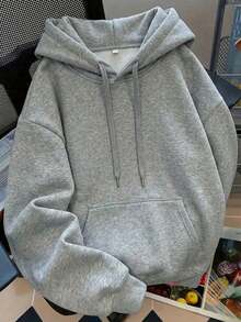 Unisex Thermal Lined Cotton Hoodie Blue Black Gray Solid Color With Pocket - 淺灰色 - 查看 1