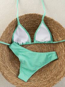 Swim Mod 2026 Spring/Summer Women's Polka Dot Print Halter Neck Swimsuit With High Cut Bottoms, 2 Pieces Set Ribbed Aqua Bikini Turquoise Bikini Bikini Set Vacation Teal Bikini Bikini - Blue - View 2