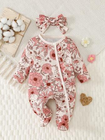 SHEIN Newborn Loungewear Two-Piece Set Combo - Vintage  Floral Elements All-Over Print Neutral Color Palette - Long Sleeve Footed Romper Style - 2026 Spring Summer Vacation Home Essential Item Bow Newborn Outfit