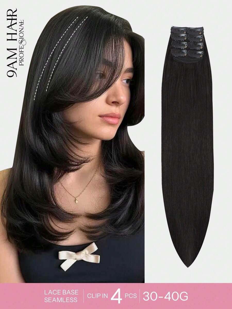 9AM Hair 4 件装 8 个夹子 直发接发 100% 真人发色 NC# 自然黑 12-18 英寸双纬隐形接发 雷米天然真人发 适合女性女孩日常全头使用 - Natural Black - 查看 1