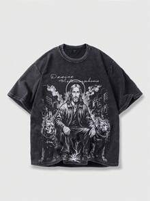 ROMWE MEN Street Life Spring/Summer Casual Graphic Men'S Casual Fashion Street Jesus Letter Print Washed Loose Fit T-Shirt, Summer - Black - View 1