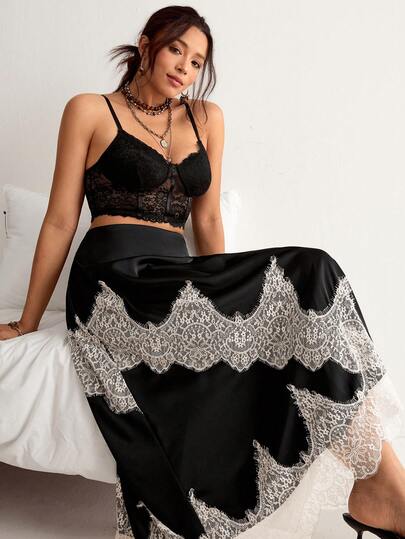 Freevana Plus Size Bohemian Vintage Lace Patchwork Asymmetrical Hem Satin Skirt, Niche Design, Flattering A-Line, Versatile Early Spring