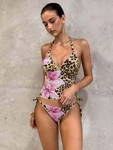 Bonvoyette 2pcs Floral Print Yellow Plaid Bikini Set, Casual Vacation Beach Party Swimwear, Spring/Summer - Multicolor - View 9