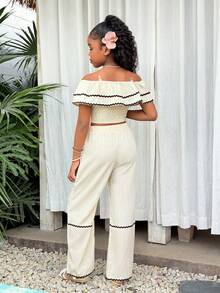 Tween Girls' Holiday Spring/Summer Ruffled Trim Black & White Contrast Wavy Strap Cropped Off-Shoulder Top + Loose Wide-Leg Woven Pants Shirt Set - Apricot - View 2