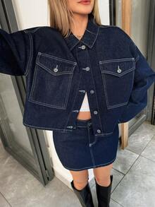 SHEIN Women's Plain Denim Two Pieces Set Medium Wash Long Sleeve Drop Shoulder Jacket With Collar And Matching Regular Length Skirt - Black - View 6