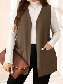 SHEIN PETITE CURVE Abrigo sencillo y casual de unicolor sin mangas y holgado con bolsillo, para primavera/verano, vacaciones en otoño/invierno, talla grande - Camel - Ver 6