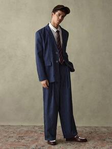 SWAVVY 男士商务通勤条纹平驳领西装外套和裤子套装 - 藏蓝色 - 查看 6