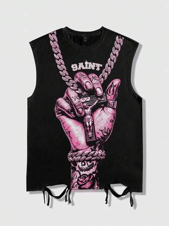 Street Life Canotta casual versatile da uomo con scollo rotondo, stampa a lettere e palme, adatta per il pendolarismo