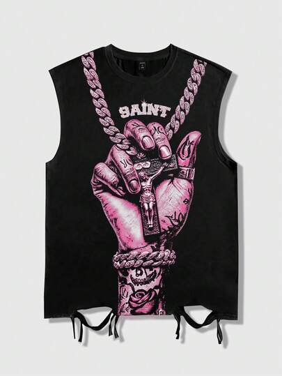 Street Life Herren Rundhals Tank Top mit Buchstaben- und Palmen-Muster, lässig und vielseitig für den Alltag