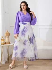 Modelyn Plus Size Women's 2026 New Elegant Floral Print Lantern Sleeve Waist Cinched Dress, Resort Style - Multicolor - View 8