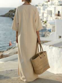 EMERY ROSE Women's Loose V-Neck Linen Casual Vacation Pocket Robe - Khaki - View 3