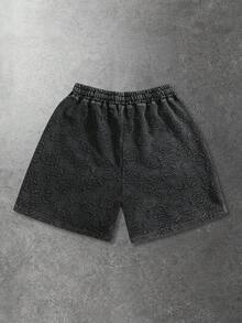 ROMWE MEN Essentials Shorts Masculinos com Cordão na Cintura, Bolso Inclinado e Bordado de Floco de Neve e Letra - Preto - Visão 2