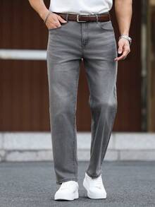 Manfinity Homme 男士直筒宽松休闲百搭牛仔裤，带口袋 - 淺灰色 - 查看 8
