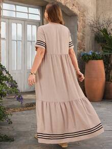 EMERY ROSE 大码V领短袖休闲条纹宽松连衣裙 - 杏色 - 查看 5