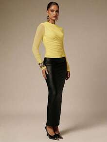 Silquee Women's Solid Color Pleated Mesh Patchwork Long Sleeve T-Shirt - Yellow - View 4