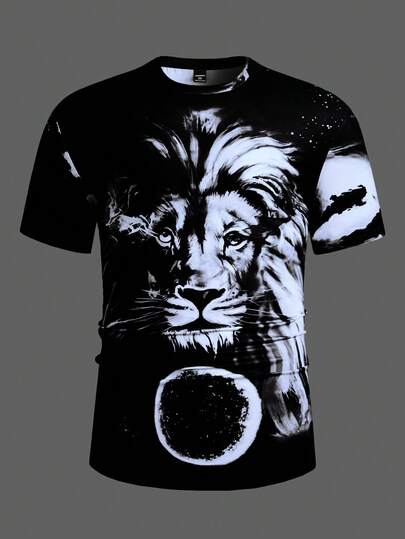 EASEVO Plus Size Men's Casual 3D Lion Print Short Sleeve T-Shirt, Fashionable Street Style Vacation Vibe
